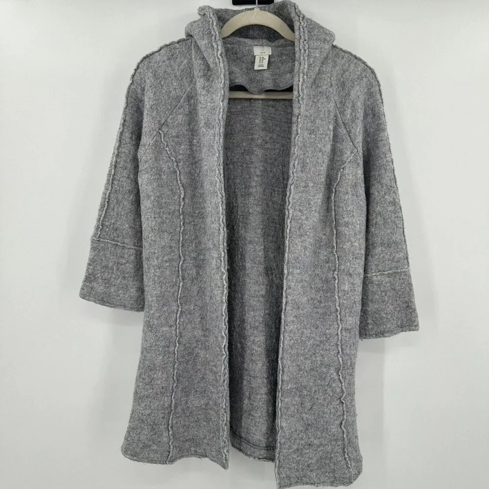 Joie Gray Hooded Wool Blend Open Front Sweater Heavy Seam‎ Size Medium